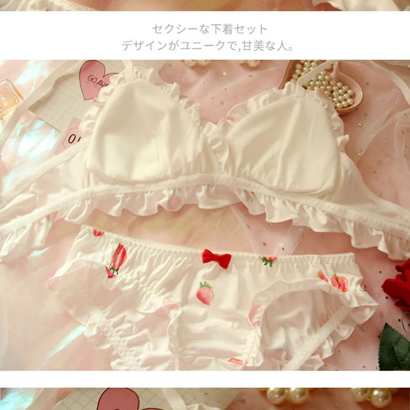 Whimsical Strawberry Print Ruffled Underwire Bra and Panty Set