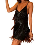 Dynamic Black Fringe Mini Dress with Plunging V-Neckline and Thin Straps