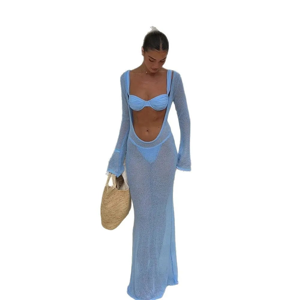 Three-Piece Swimwear Set with Pink Bikini and Sheer Long-Sleeve Maxi Cover-Up