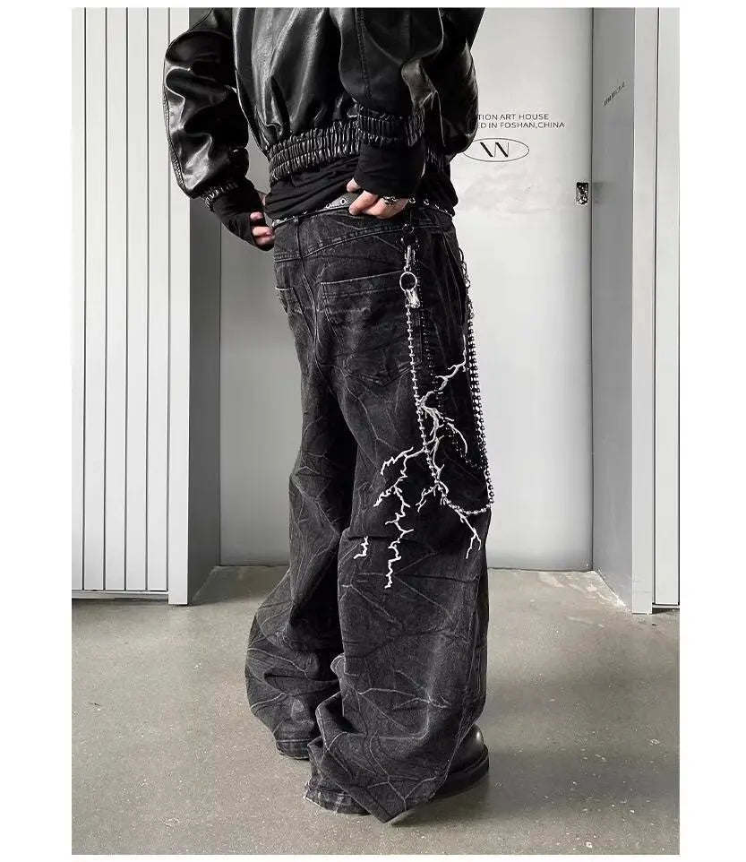 Men's Wide Leg Denim Jeans with Decorative Embroidery and Relaxed Streetwear Silhouette