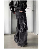 Men's Wide Leg Denim Jeans with Decorative Embroidery and Relaxed Streetwear Silhouette
