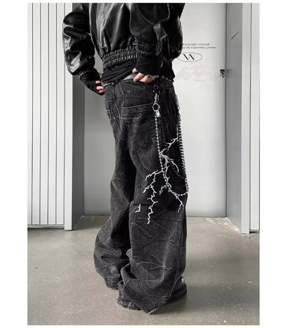 Men's Wide Leg Denim Jeans with Decorative Embroidery and Relaxed Streetwear Silhouette