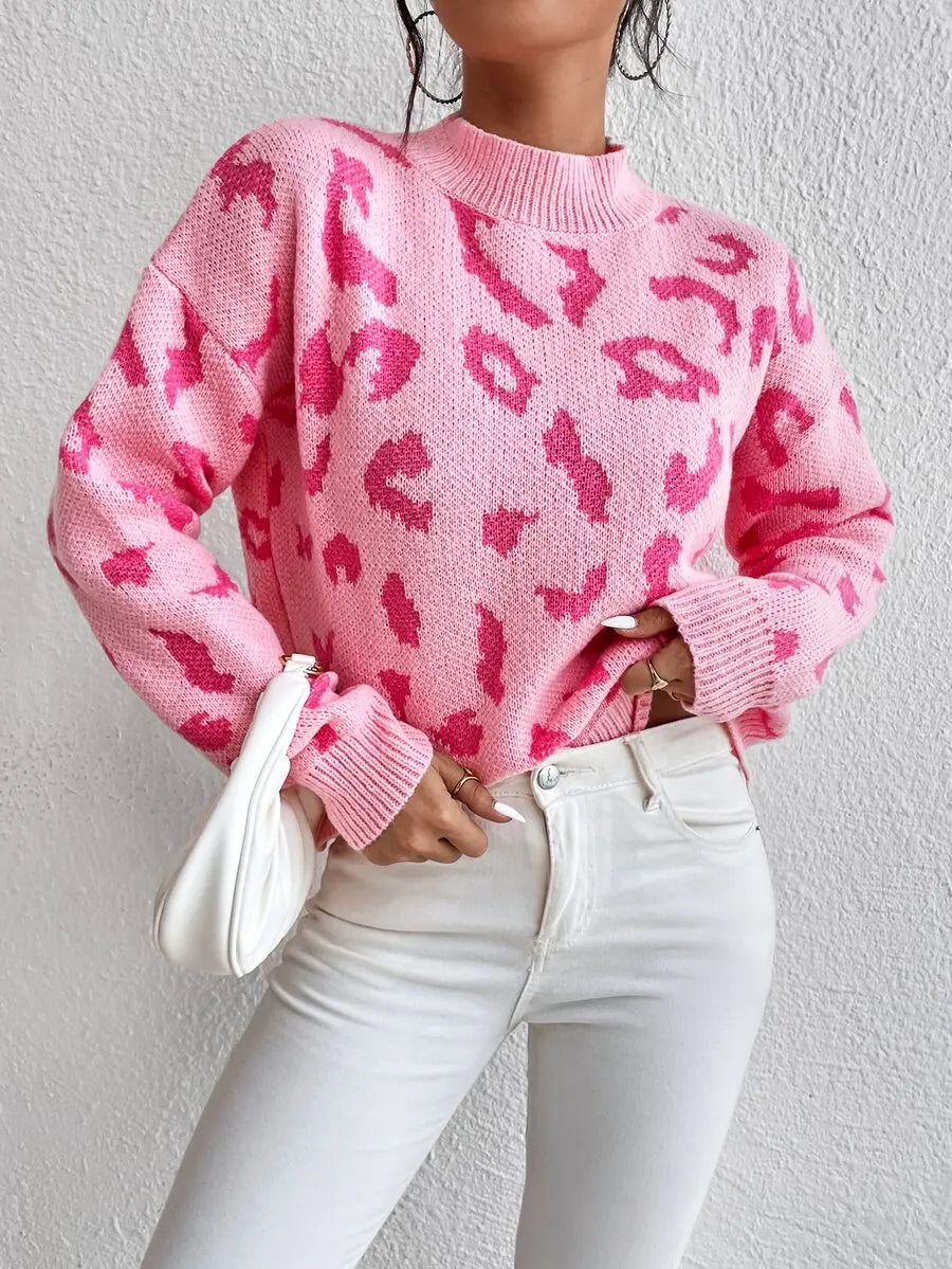 Women's Oversized Leopard Pattern Dropped Shoulder Knit Streetwear Sweater