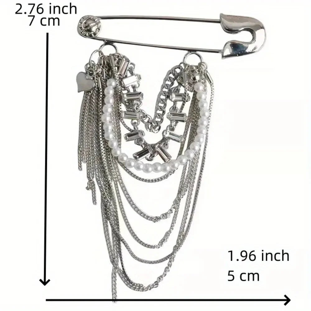 Punk Safety Pin Chain Tassel Statement Brooch Accessory