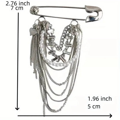 Punk Safety Pin Chain Tassel Statement Brooch Accessory