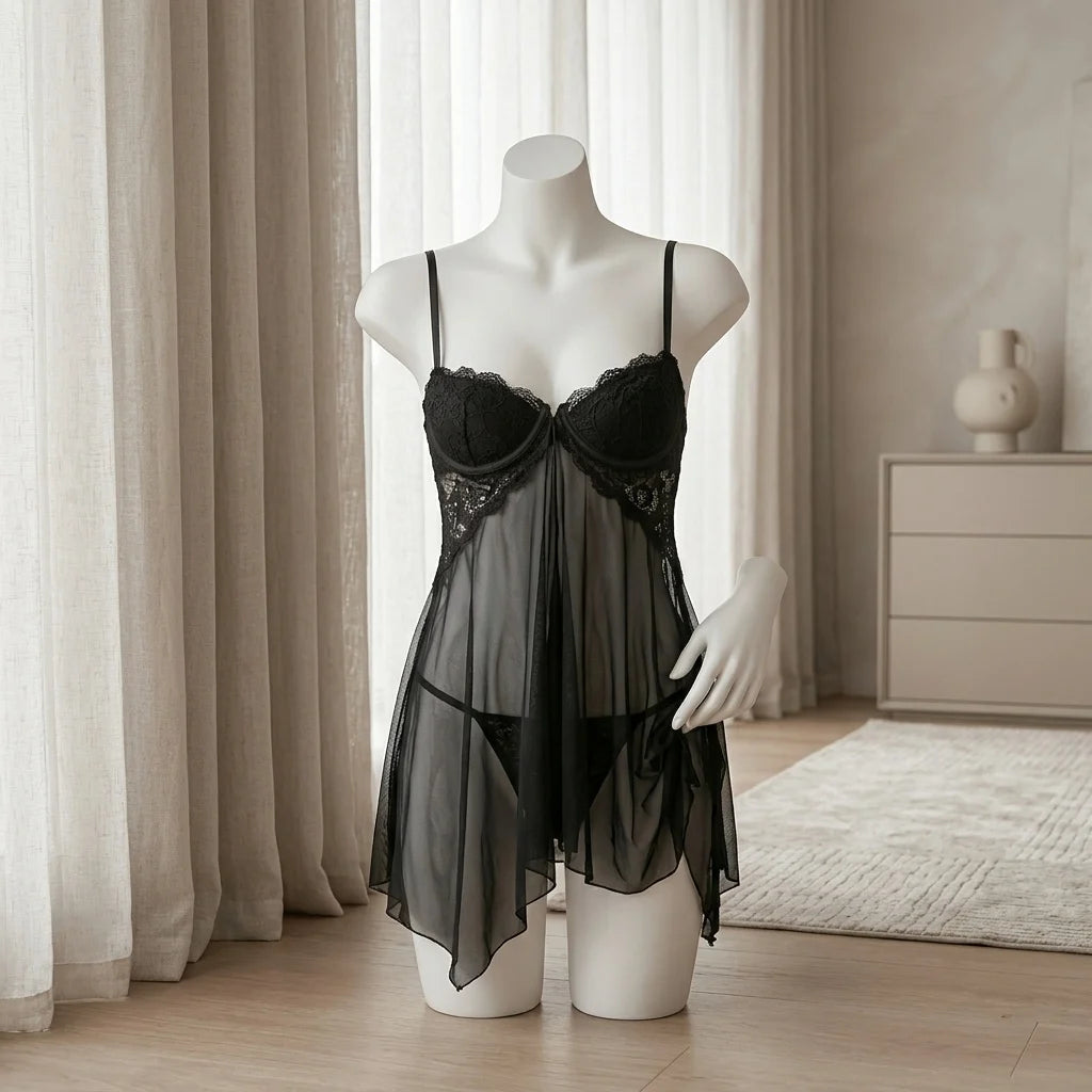 Classic Black Sheer Mesh Babydoll with Floral Lace Cups and Matching Panty