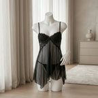 Classic Black Sheer Mesh Babydoll with Floral Lace Cups and Matching Panty