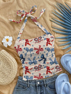 Floral Print Halter Crop Top with Bow Detail Summer Vacation Style