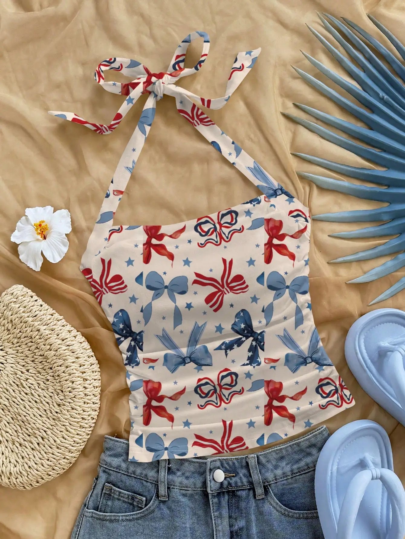 Floral Print Halter Crop Top with Bow Detail Summer Vacation Style