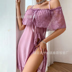 Ethereal Mauve Mesh Nightgown with Cold-Shoulder Sleeves and Ruffled Slit