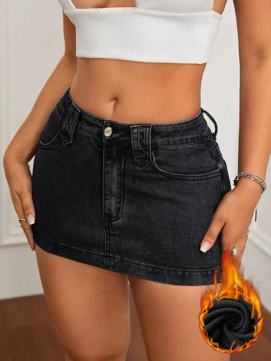 Washed Denim Bodycon Mini Skirt with Front Pockets and Slim Fit
