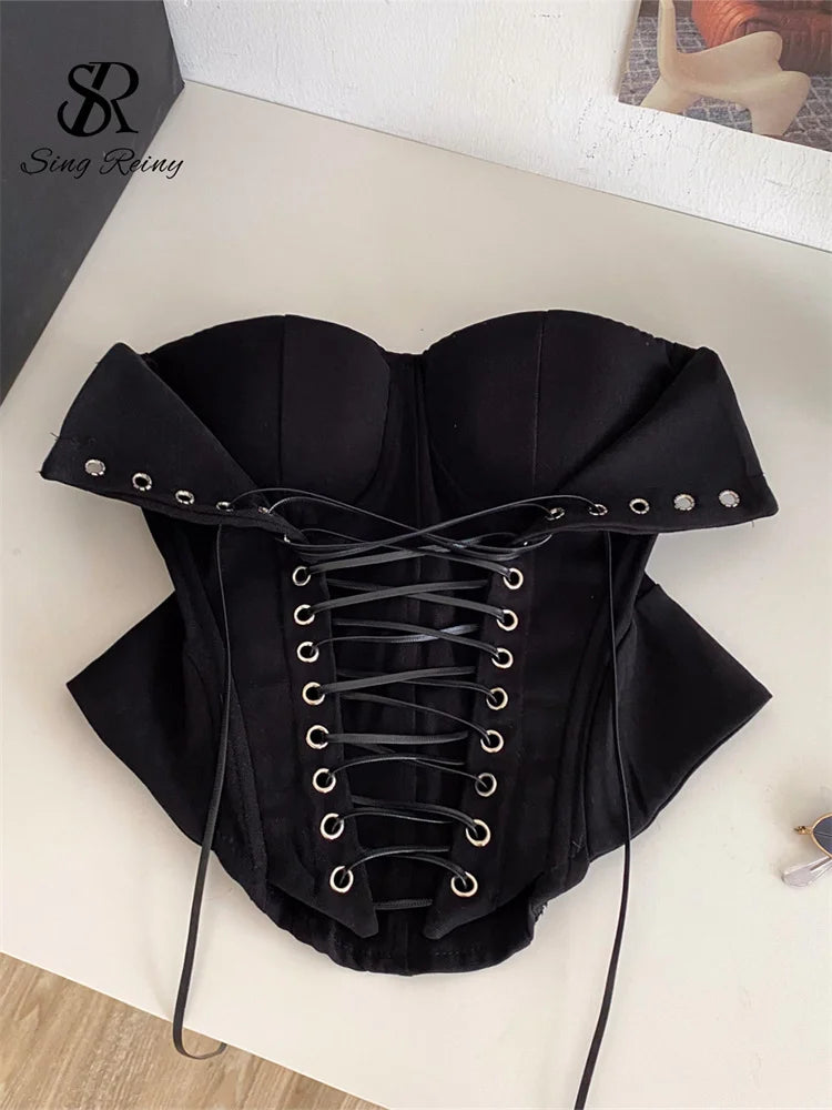 Earthy Brown Strapless Bustier with Fold-Over Sweetheart Bust and Front Lace-Up