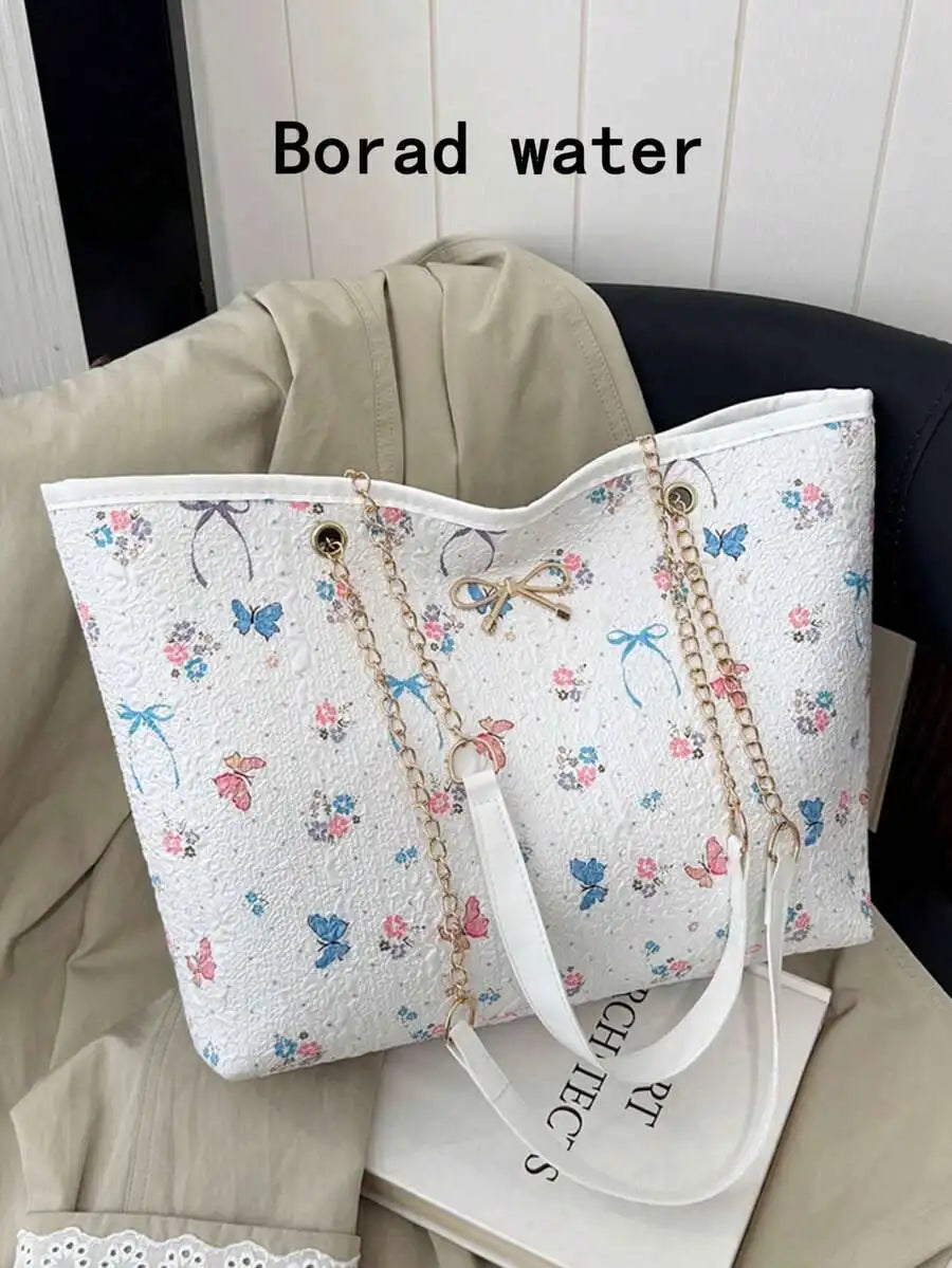 Dual Handle Canvas Tote Shoulder Bag with Chain Accent Detail