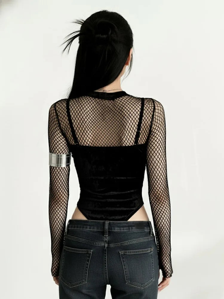 Velvet Printed Long Sleeve Gothic Bodysuit for Dark Aesthetic Fashion