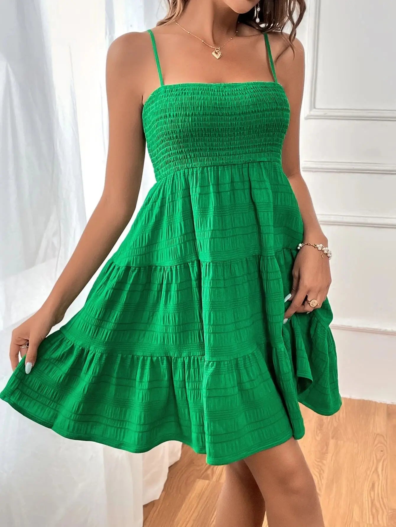 Smocked Bustier Mini Dress with Tiered Hem and Spaghetti Strap Design