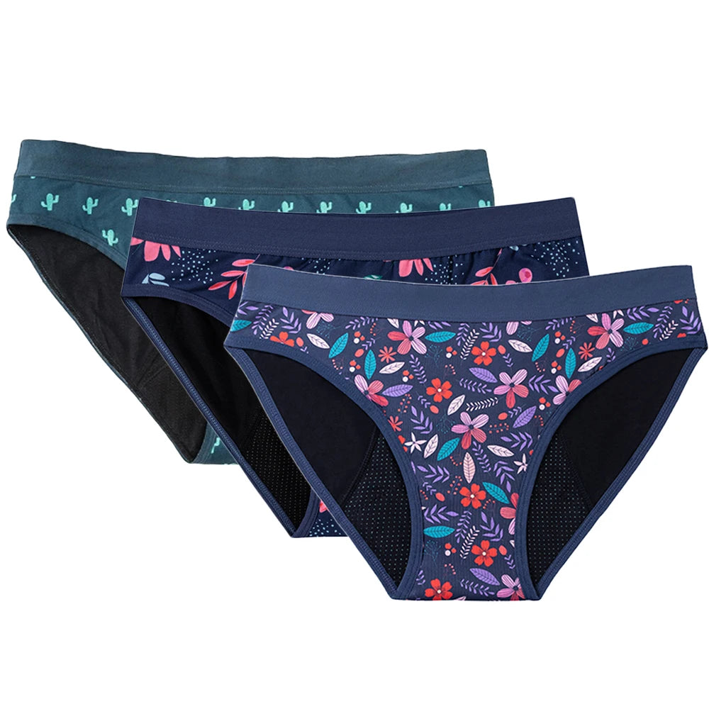 Three-Piece Floral Print Menstrual Brief Set with Contrast Waistbands
