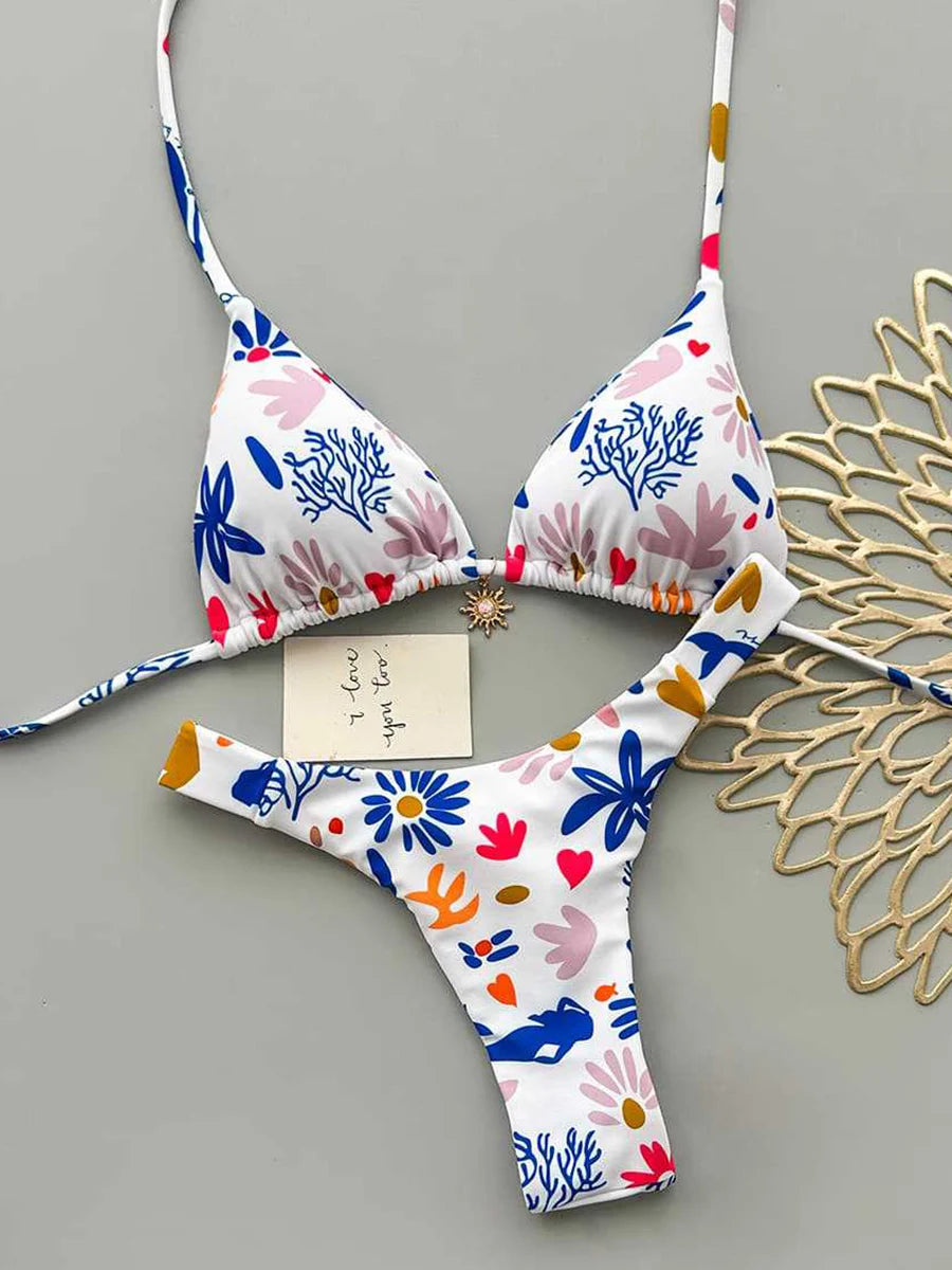 Vibrant Botanical Print Triangle String Bikini