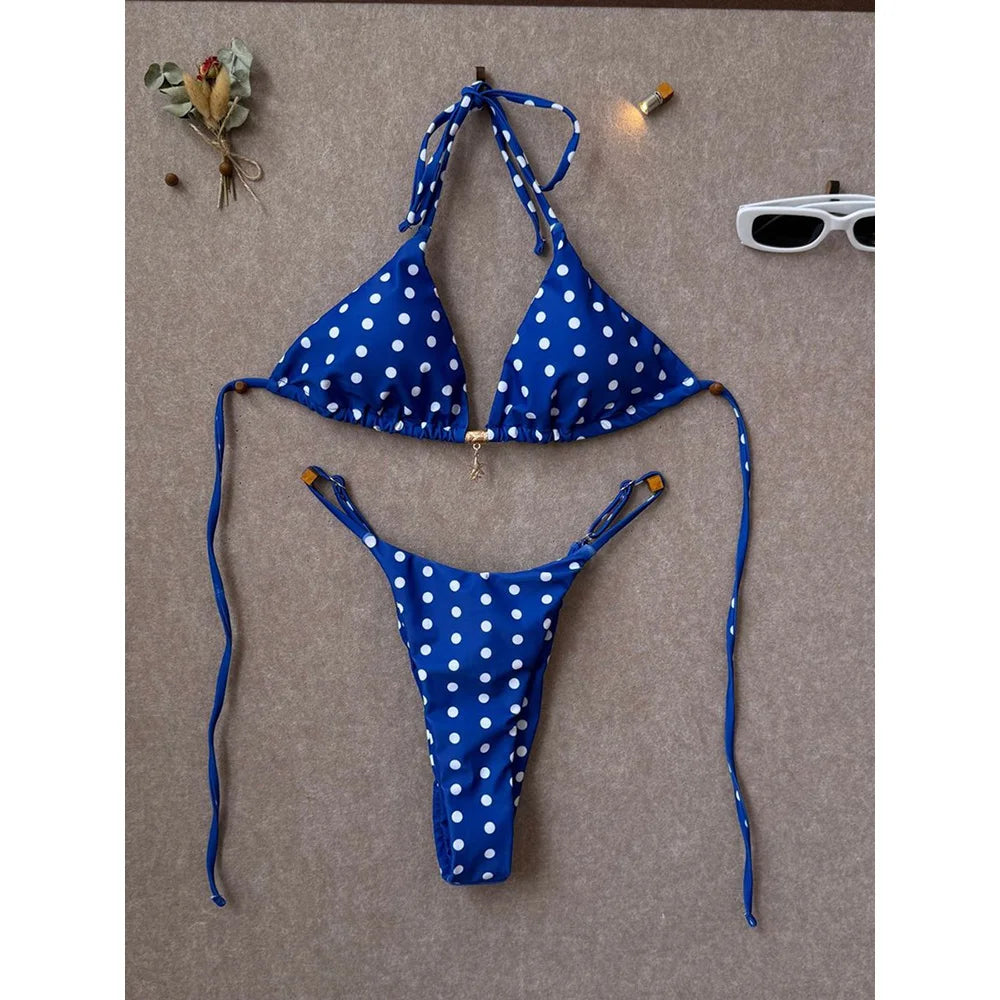Retro Polka Dot Triangle String Bikini with Contrast Pink Straps