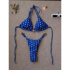 Retro Polka Dot Triangle String Bikini with Contrast Pink Straps