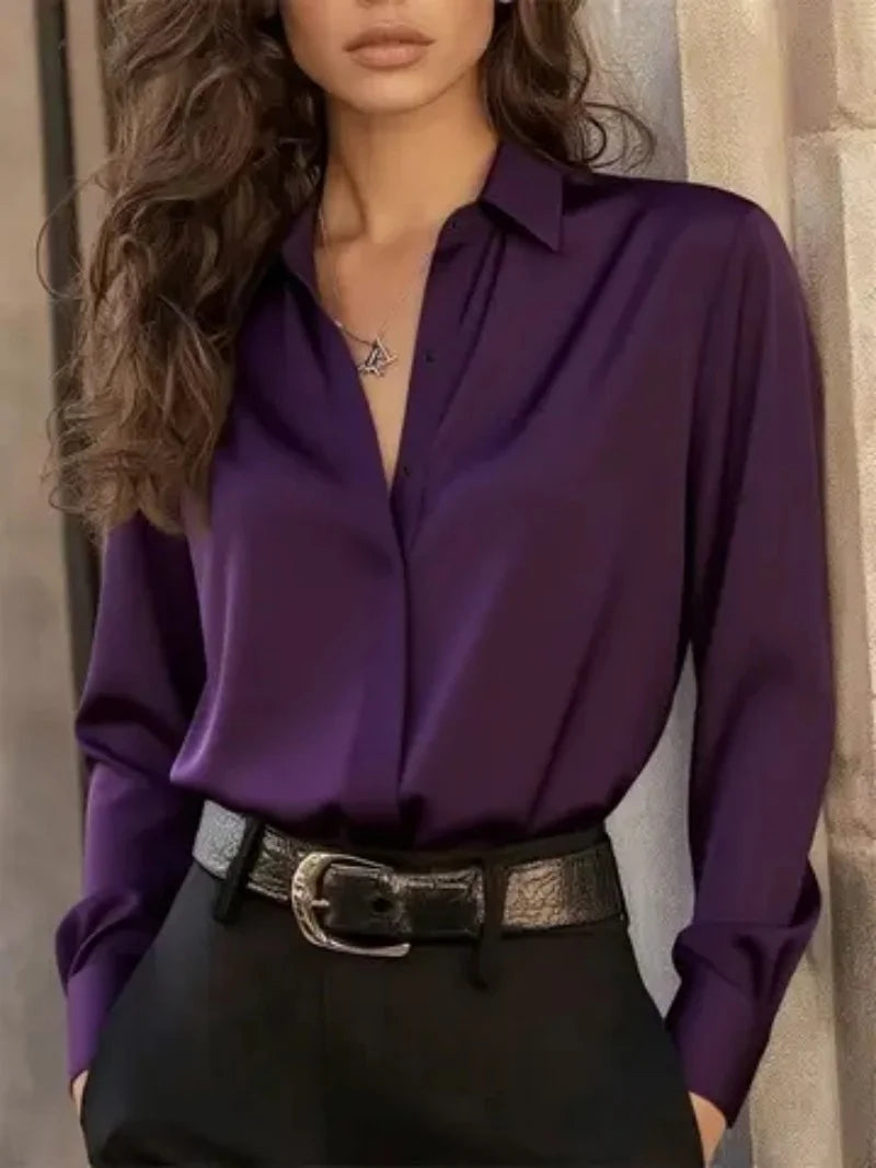 Elegant Navy Blue Button-Down Blouse with Polished Finish and Classic Collar