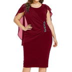 Elegant Burgundy Sheath Dress with Asymmetrical Chiffon-Style Overlay and Ruched Detailing