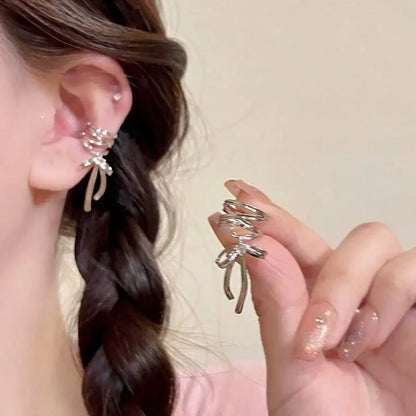 Ribbon Cross Ear Cuff with Layered Hoops for Alternative Fashion