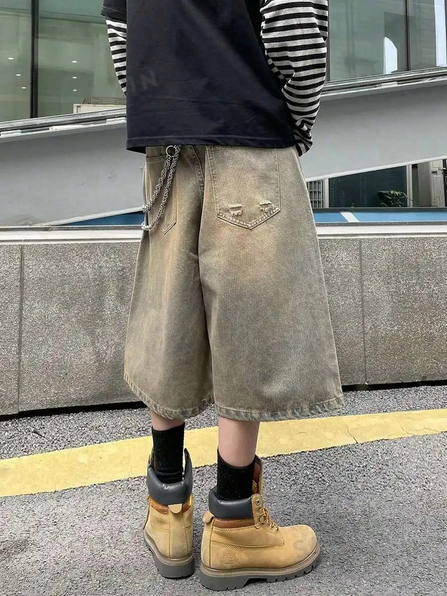 Men's Wide Leg Stonewashed Denim Shorts with Relaxed Knee Length Casual Streetwear Fit