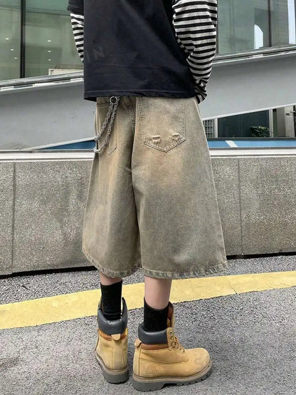 Men's Wide Leg Stonewashed Denim Shorts with Relaxed Knee Length Casual Streetwear Fit
