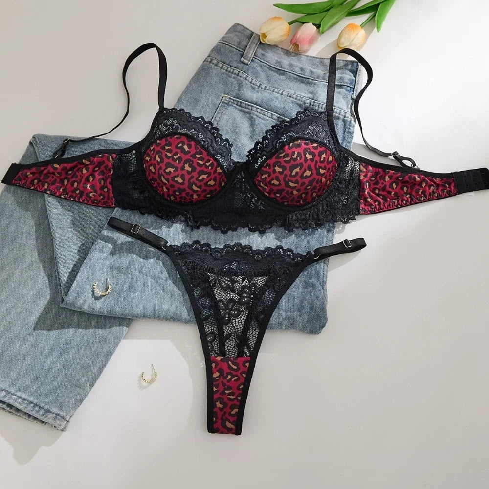 Wild Leopard Print Lace-Trim Demi Push-Up Bra and High-Leg Thong Set
