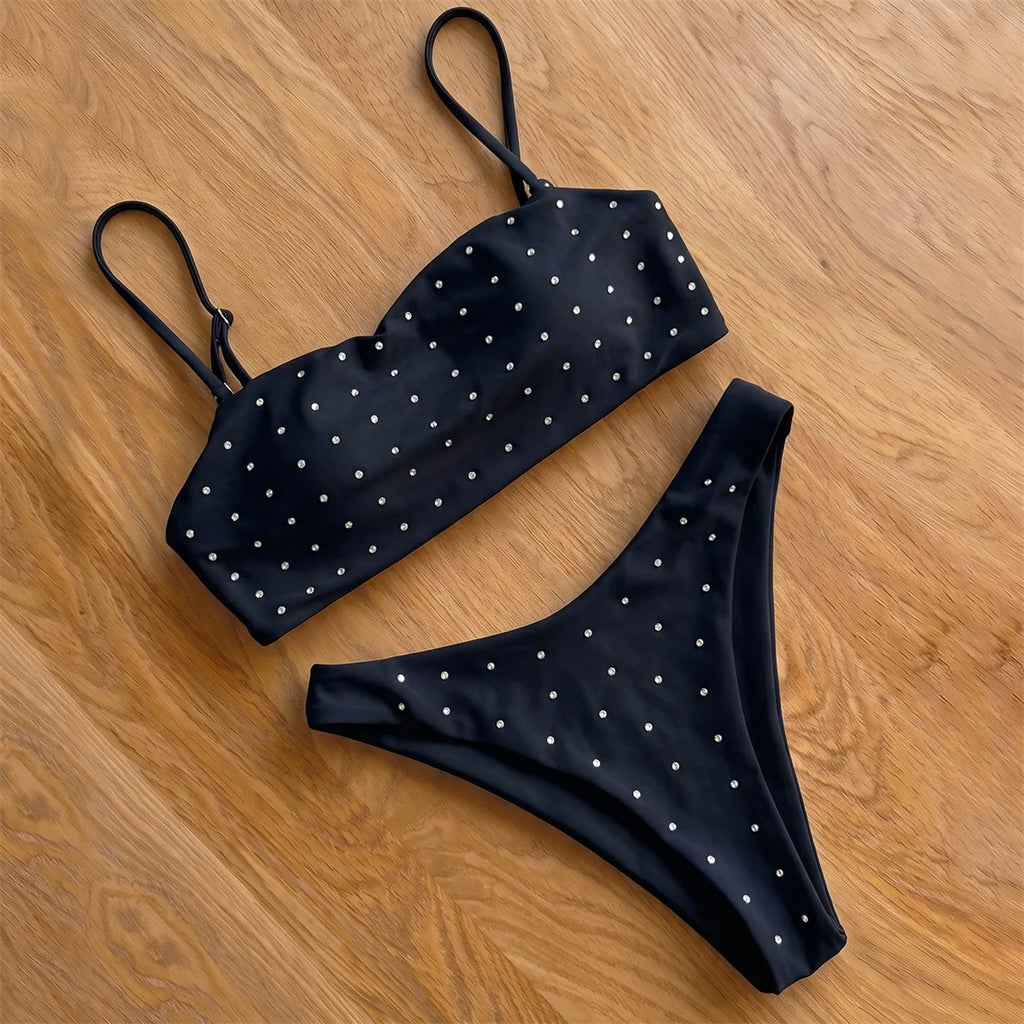 Minimalist Coral Pink Triangle String Bikini with Pearl Embellishments