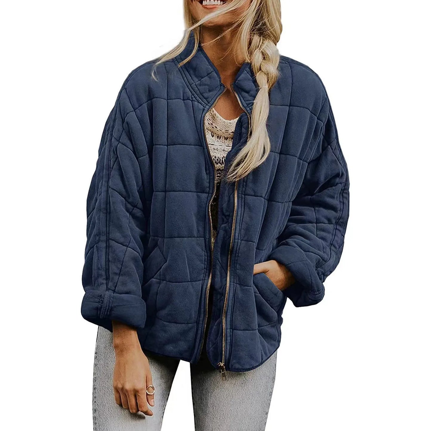 Women's Quilted Button Front Jacket with Relaxed Casual Layering Streetwear Silhouette