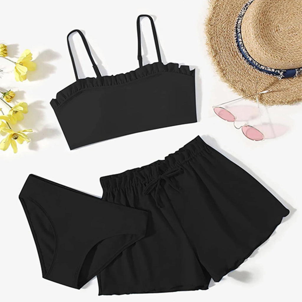 Girls' Three-Piece Ruffle Swimwear Set with Solid-Color Two-Piece Base and Coordinating Beach Cover-Up