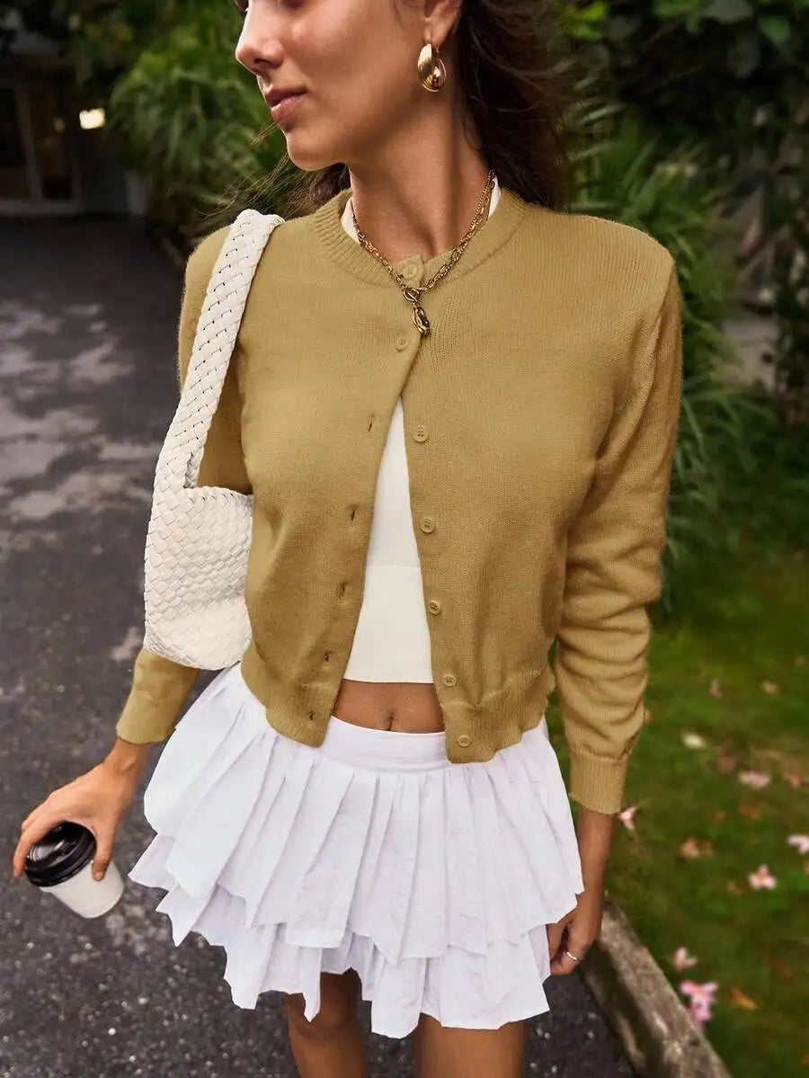 Women's Cropped Crew Neck Relaxed Fit Minimalist Knit Sweater
