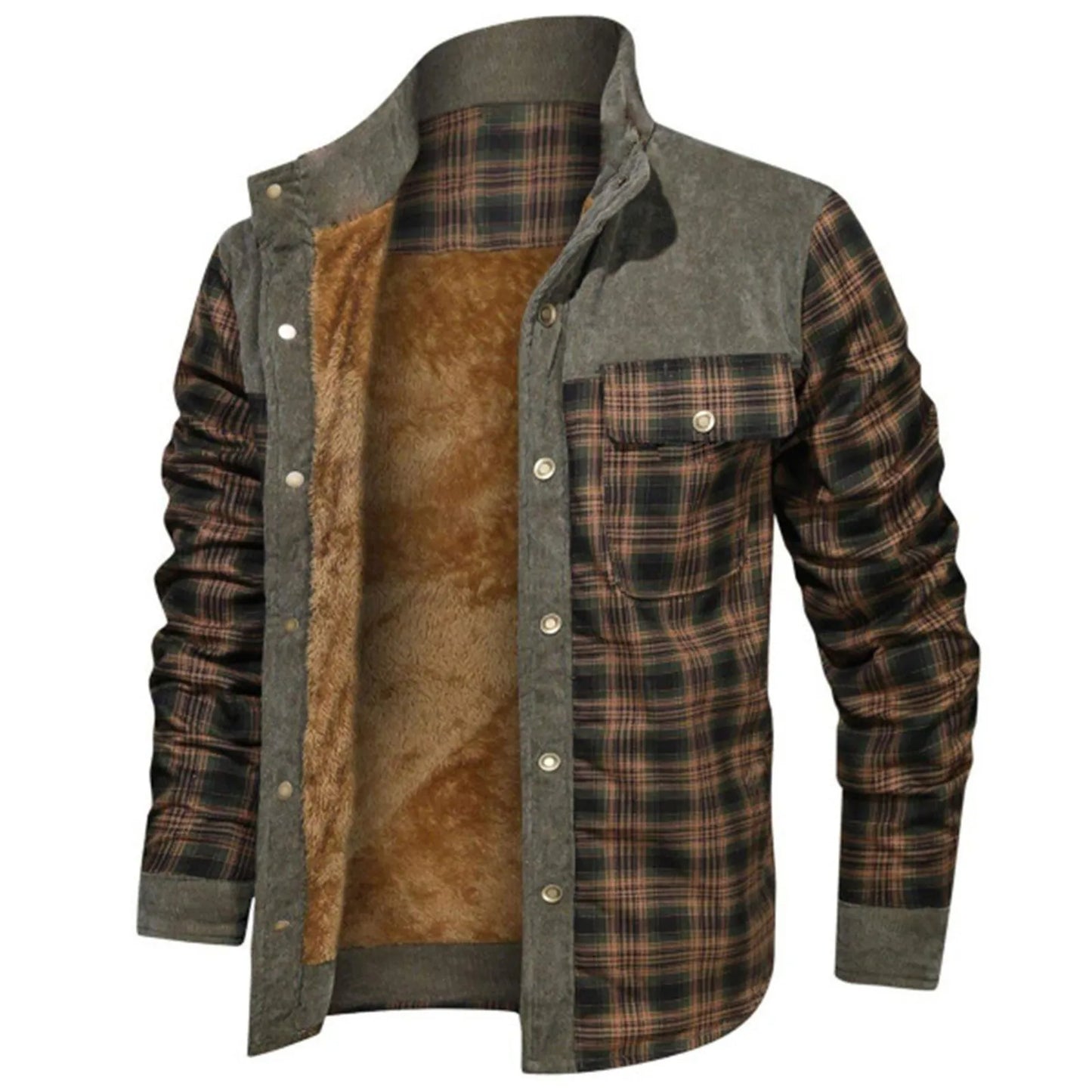 Men's Fleece-Lined Plaid Shirt Jacket with Utility Streetwear Styling
