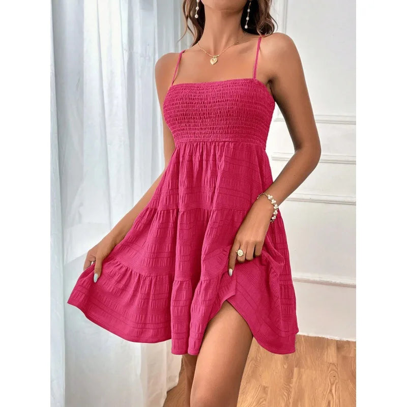Smocked Bustier Mini Dress with Tiered Hem and Spaghetti Strap Design