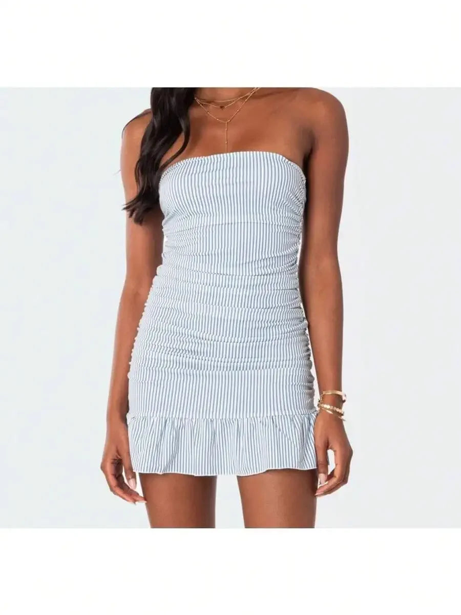 Strapless Pleated Mini Dress with Textured Stripe and Flared Shape