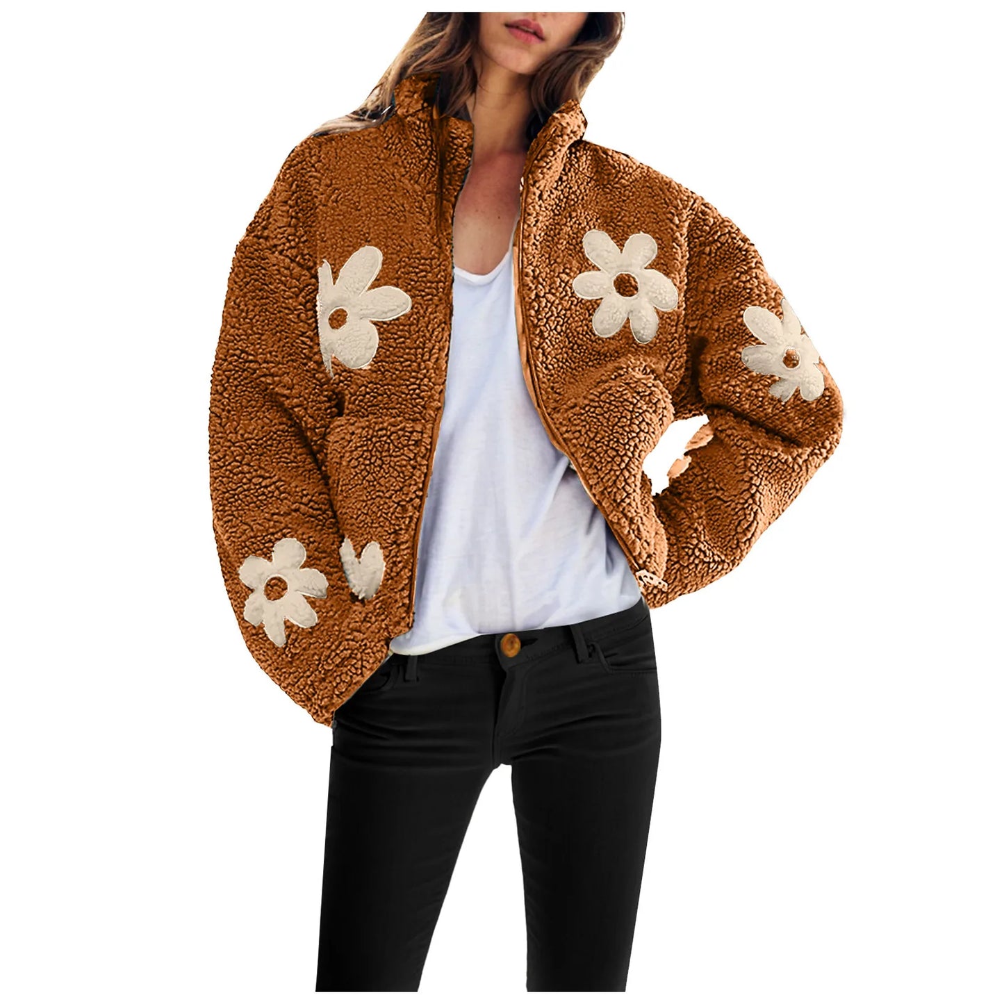 Women's Plush Floral Fleece Zip Jacket with Cozy Contemporary Casual Streetwear Style