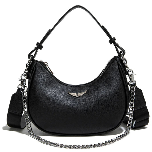 Minimalist Crescent Shoulder Bag with Chain Accent Adjustable Crossbody Strap
