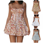 Floral Print Tie Strap A-Line Mini Dress with Smocked Bodice Design