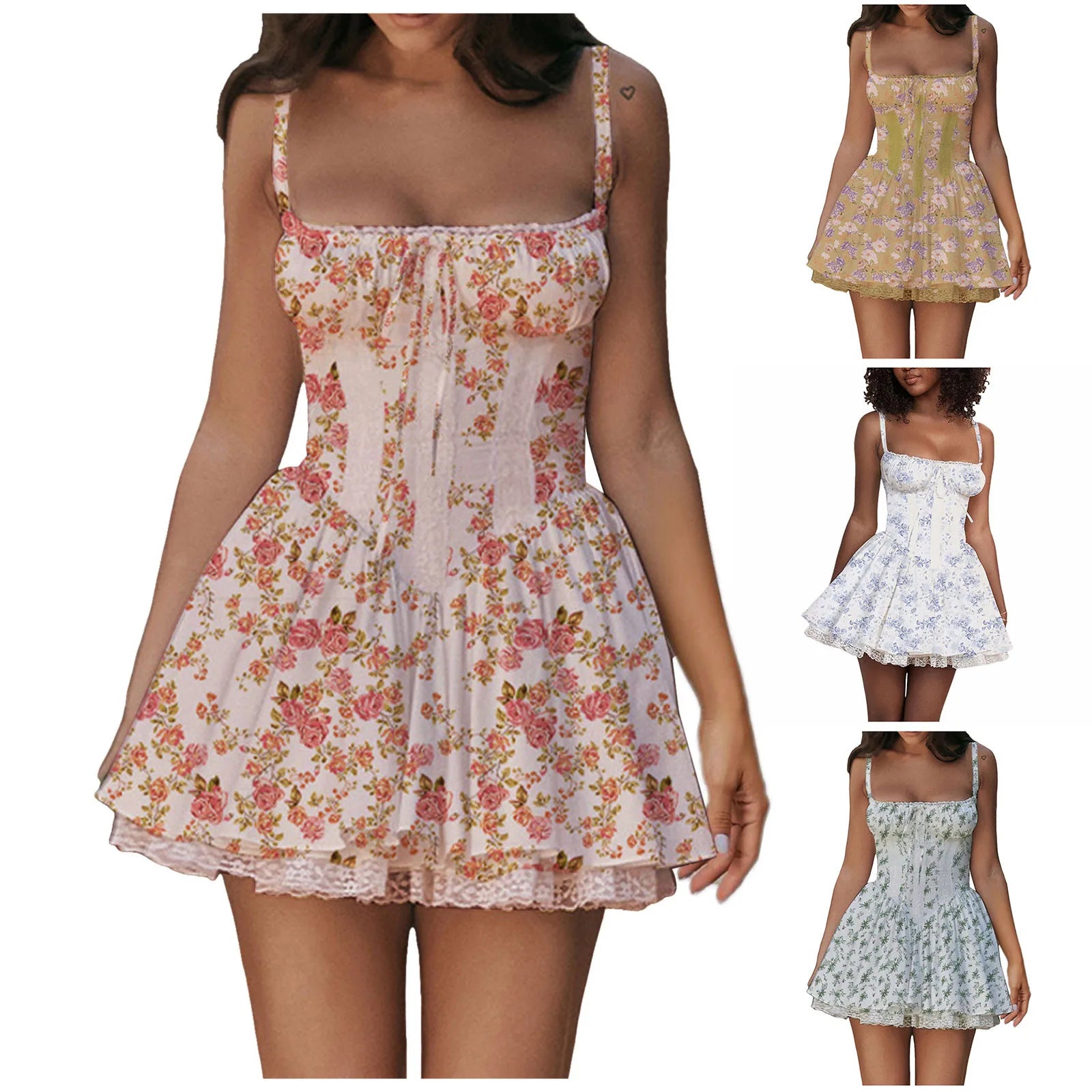 Floral Print Tie Strap A-Line Mini Dress with Smocked Bodice Design