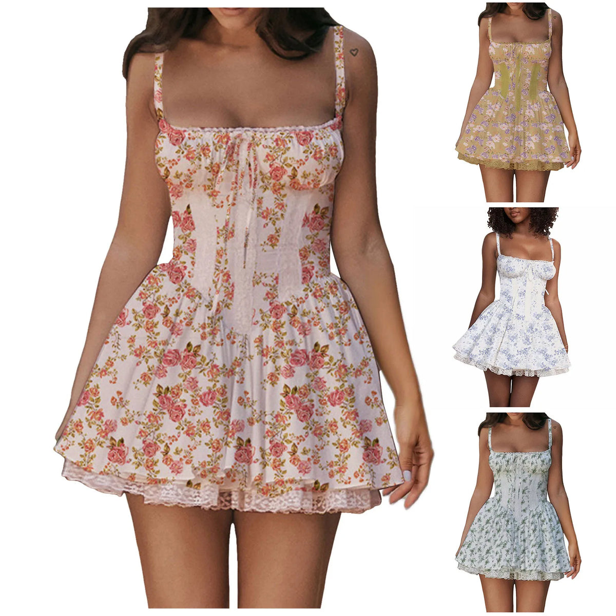 Blue Floral Print Sweetheart Mini Dress with Ruffled Hem