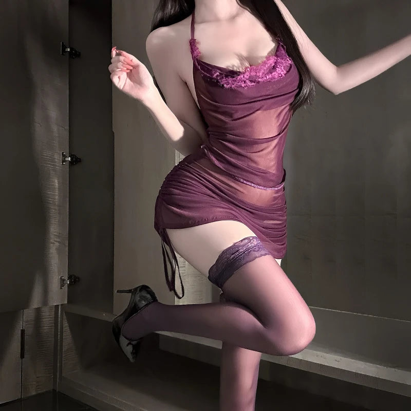 Sheer Plum Mesh Halter Chemise with Lace Trim and Ruched Side Ties