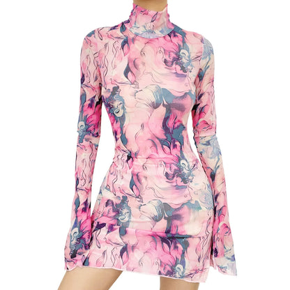 Abstract Print High Neck Bodycon Alternative Fashion Mini Dress