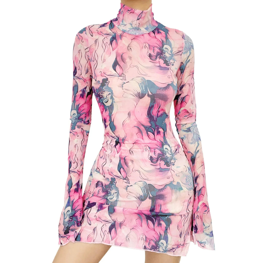 Abstract Mesh Bodycon Mini Dress with Bell Sleeves and Sheer Streetwear Styling