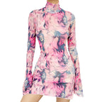 Abstract Mesh Bodycon Mini Dress with Bell Sleeves and Sheer Streetwear Styling