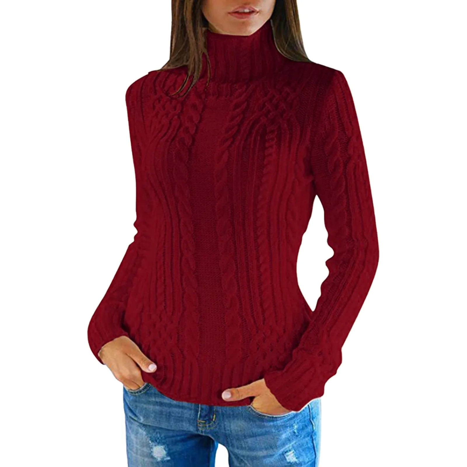 Women's Cable Knit Turtleneck Slim Fit Pullover Sweater With Textured Finish