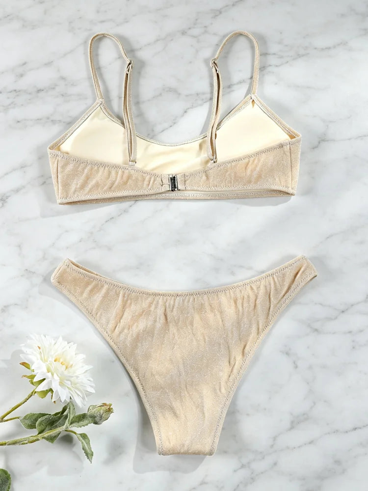 Shimmering Champagne Scoop Neck Bralette Bikini Set