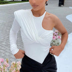 Asymmetric One Shoulder Ruched Long Sleeve Alternative Fashion Bodysuit Top