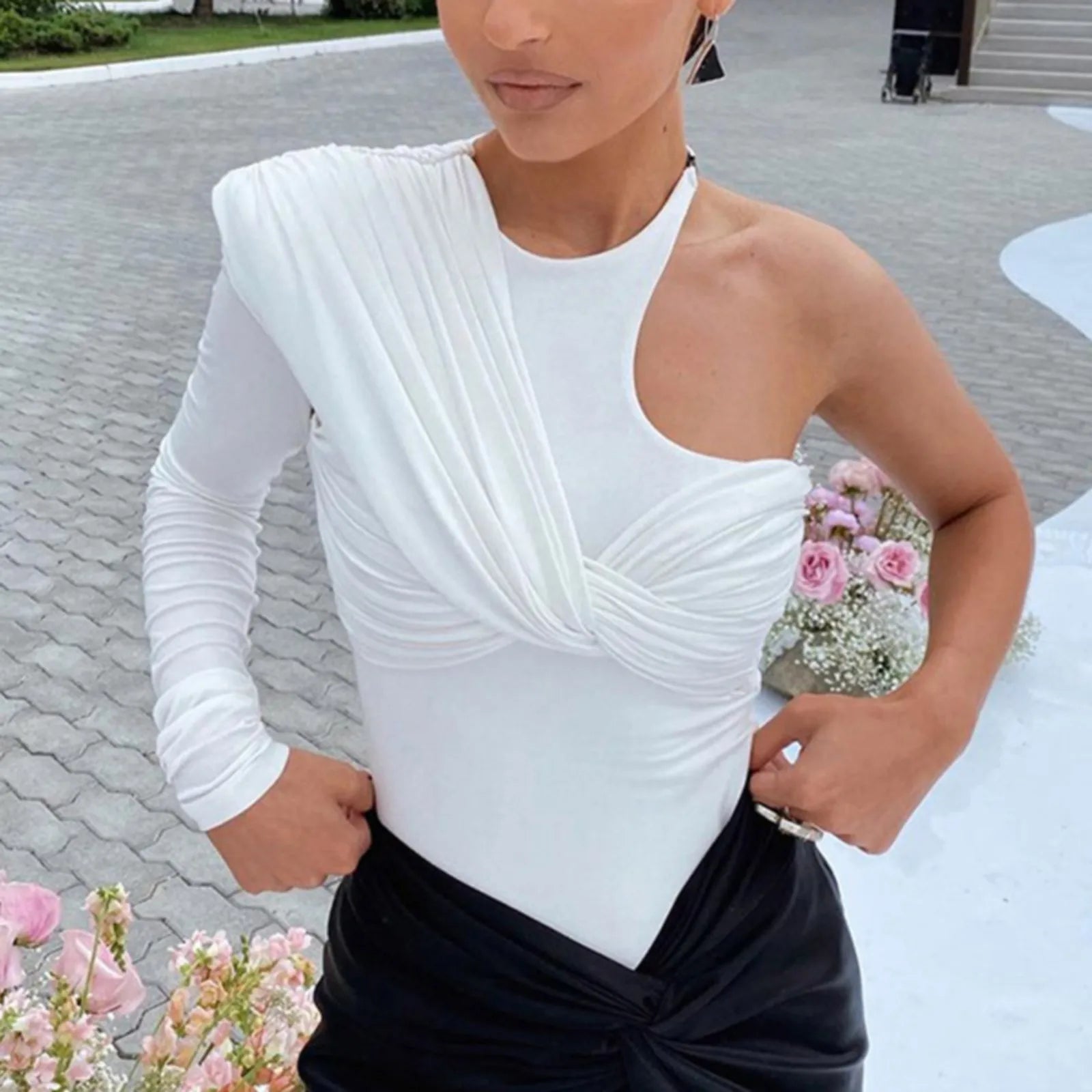 Asymmetric One Shoulder Ruched Long Sleeve Alternative Fashion Bodysuit Top