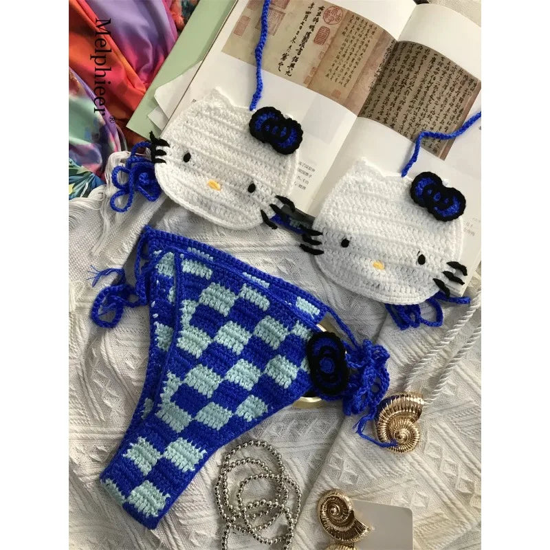 Hand-Crafted Crochet Halter Bikini Set with Whimsical Feline and Checkerboard Details
